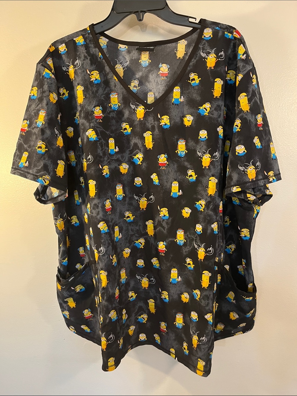 Black Short-Sleeve V-Neck Tee with Yellow Character Print